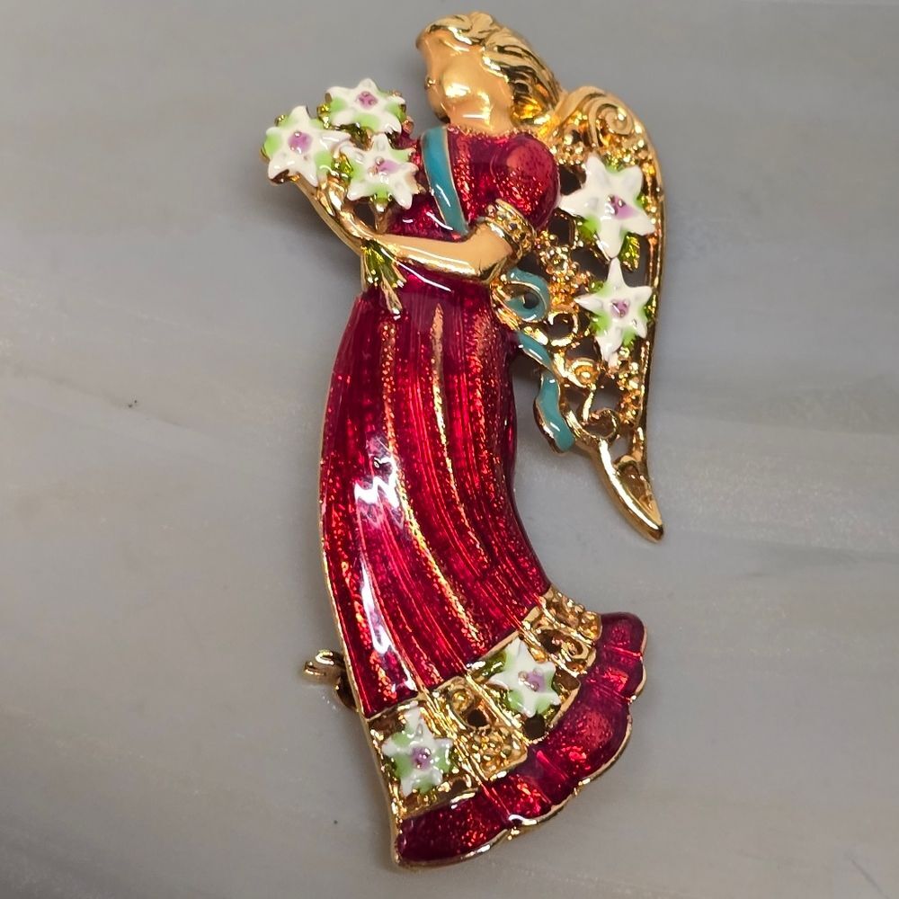 Christopher Radko Christmas Angel Brooch Gold Tone Red Enamel Signed Rare VTG - Picture 6 of 9